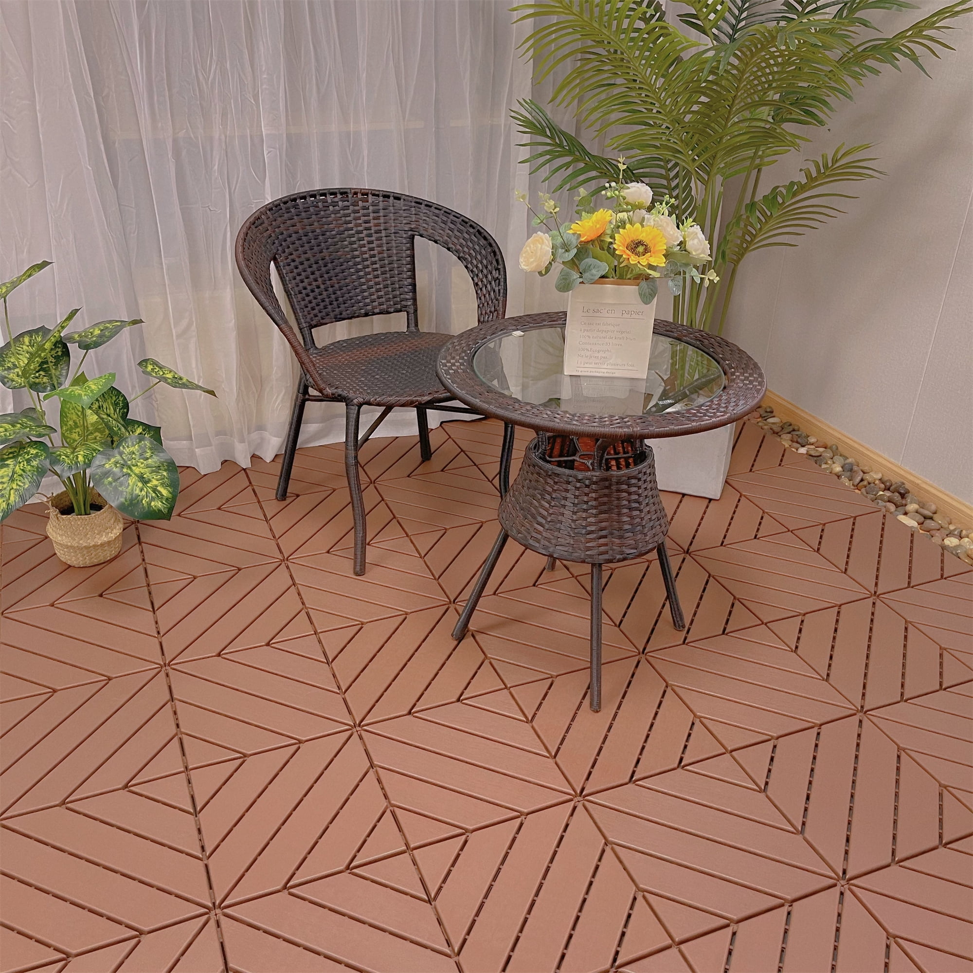 Miniyam Interlocking Deck Tiles, 44 Packs 11.8"x11.8" Waterproof Patio Floor Decking Tiles for Porch Poolside Balcony Backyard, All Weather Use, Brown(Diagonal line)