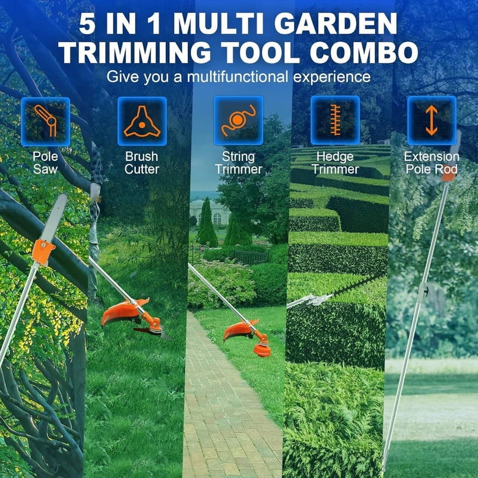 5 in 1 Gas Weed Eater, 52cc 2-Cycle Grass Trimmer & Hedge Trimmer, Brush Cutter, Weed Wacker Gas Powe, Pole Saw with Extension Pole, String Trimmer for Home, Garden, Lawn Care