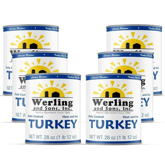 Werling & Sons Canned Turkey 28 oz – Fully Cooked, Heat & Eat | Recipe-Ready Canned Meat for Quick Meals, Camping, Emergency Food Supply & Survival | Shelf-Stable | Pack of 6