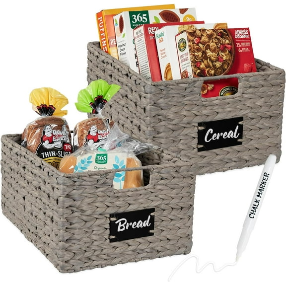 WILLYO Pantry Baskets Set of 2 16x12in Water Hyacinth Storage Baskets, Woven Wicker Kitchen Organizers with handles w/Chalkboard Label Chalk Marker - Gray