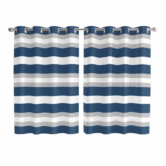 Navy Blue Grey Stripe Kitchen Curtains 72 Inch Length, Minimalist Farmhouse Striped Grommet Top Bedroom Living Room Curtains, Light Filtering Cafe Curtain Drapes 2 Panels Set 104''x72''