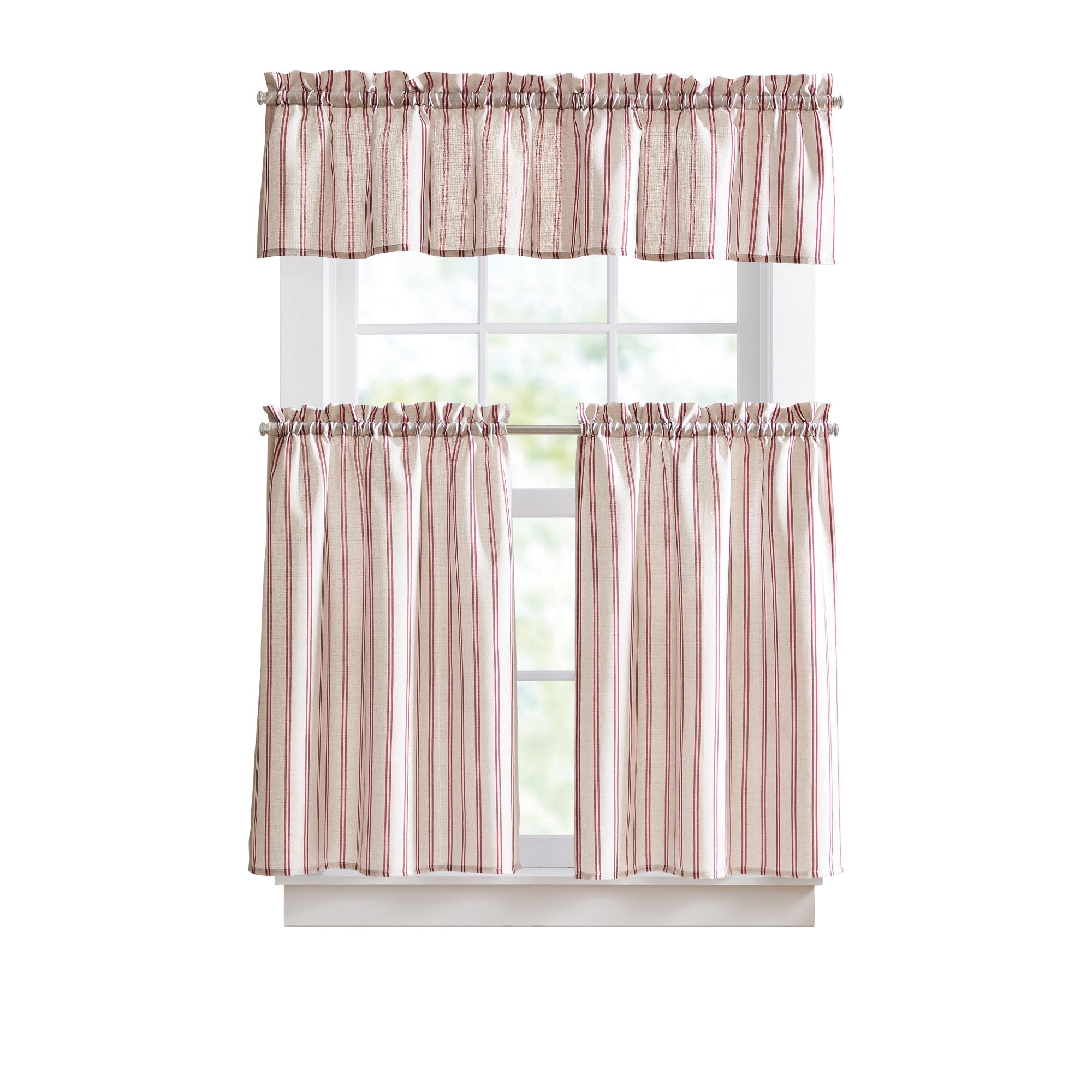 Curtainworks Banner Stripe 3 Piece Tier and Valance Set Red, Indoor, Pole Top, 56," x 14", Adult
