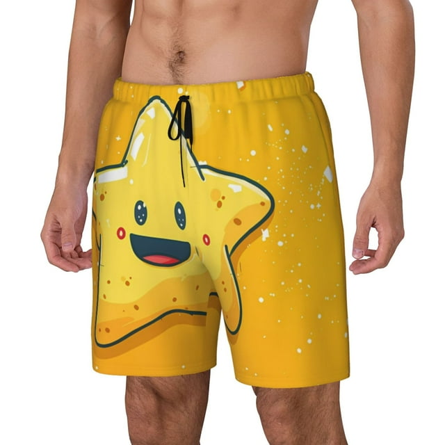 Cauagu Happy Cartoon Star Print Mens Swim Trunks Quick Dry Board Shorts Swim Shorts with Compression Liner Bathing Suits-X-Large