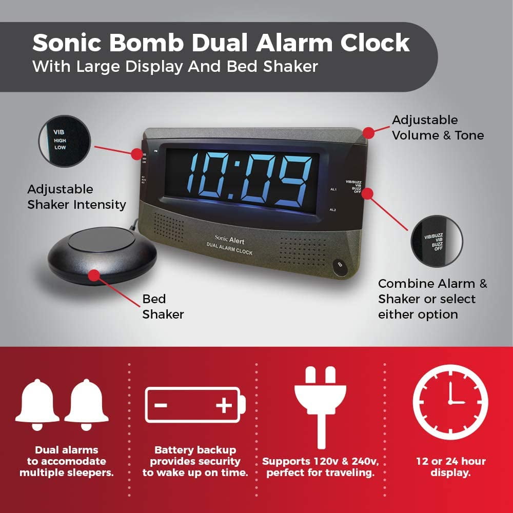 Sonic Alert - Sonic Bomb Dual Alarm Clock, Bed Shaker Vibrator with Large Digital Display - Black