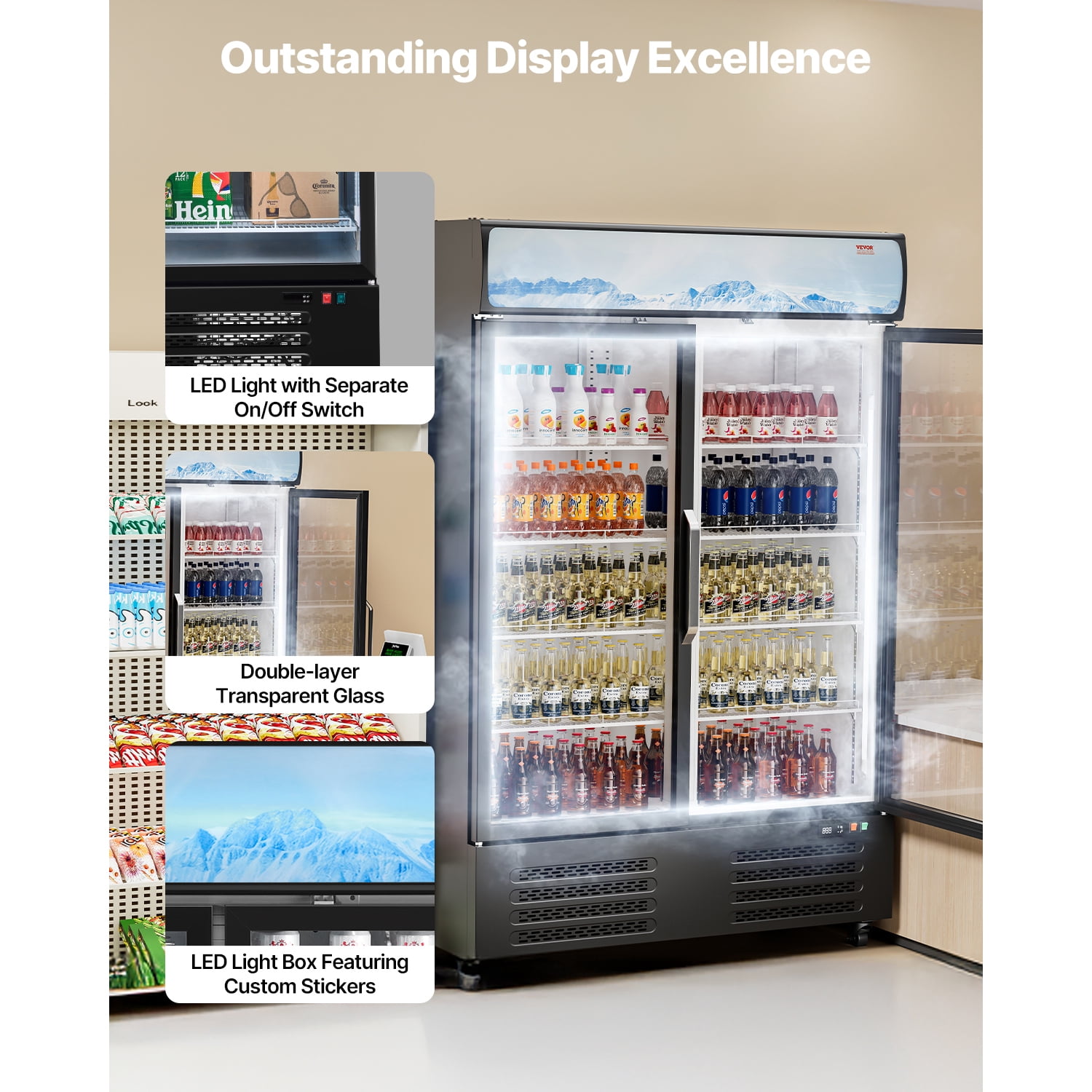 KFFKFF Business-Grade Beverage Chiller, 36.27 CU.FT Vertical Drink Cooler, Dual Transparent Door Fridge with 8 Modifiable Racks, Subtle LED Illumination, Personalizable Lightbox, Mobile Wheels, Black