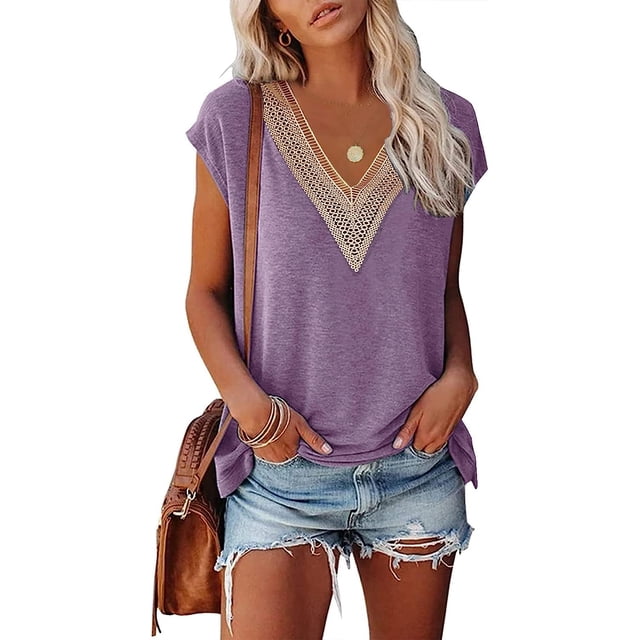 Tops de verano con mangas casquillo para mujer, camisetas sin mangas a la moda con encaje y cuello en V, camisas holgadas S-XXLPurpleLarge esquí esquí Gafas de esquí