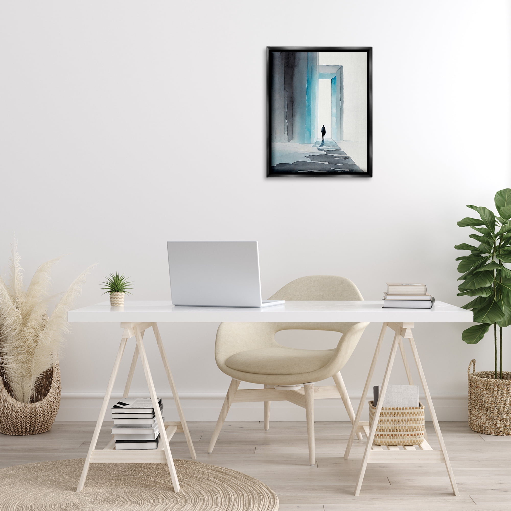 Stupell Industries Person with Snowy Doorway Landscape Painting Black Floater Framed Canvas Art Print Wall Art, 17 x 21