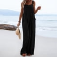 thumbnail image 4 of QLEICOM Women Casual Loose Long Boho Bib Pants Plus Size Spaghetti Strap Wide Leg Long Pant Cold Shoulder Solid Color Button Suspender Jumpsuits Baggy Cotton Rompers Overalls with Pockets Black L, 4 of 8