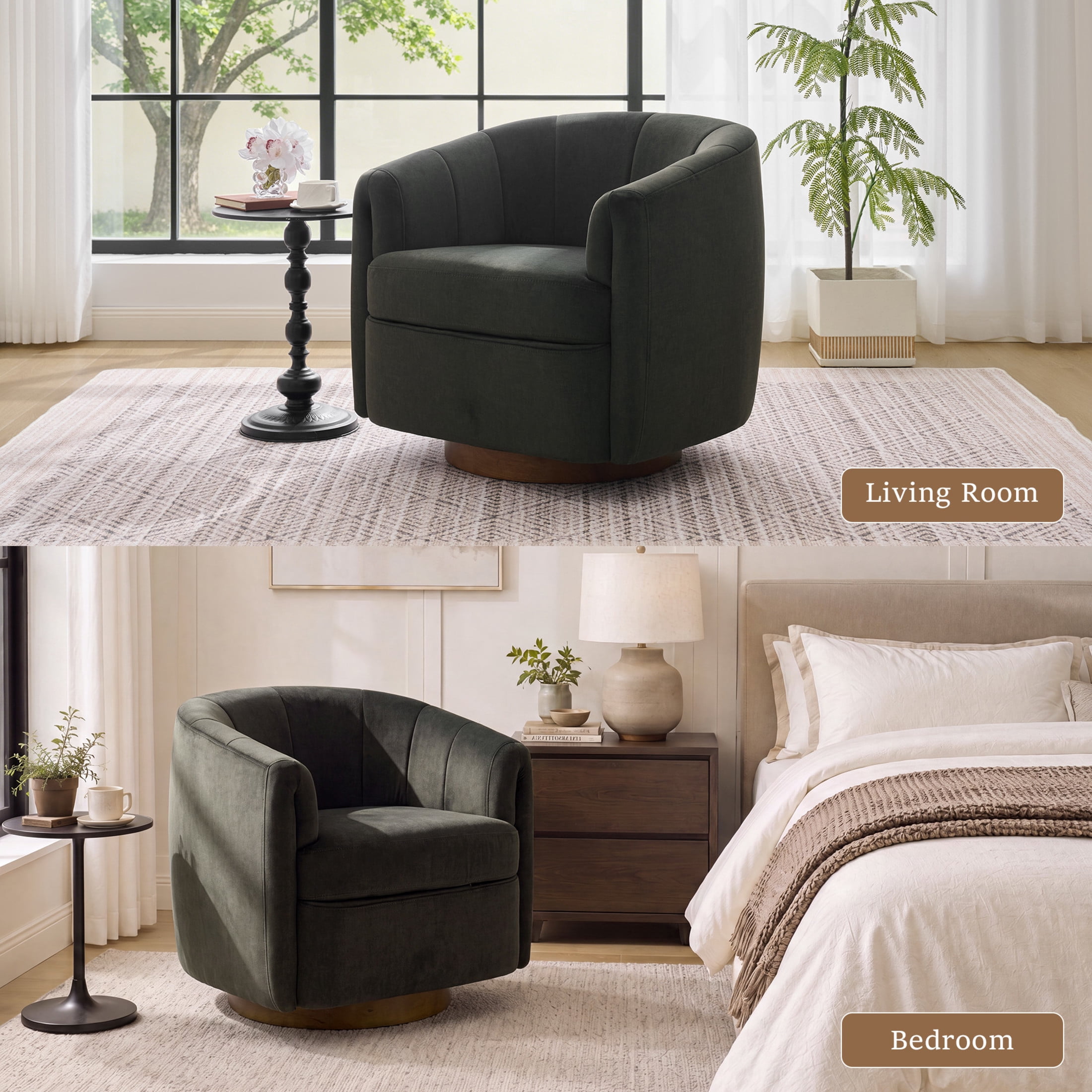 Noble House Swivel Accent Chair with Solid Wood Base, Velvet Upholstered Armchair for Living Room, Gray