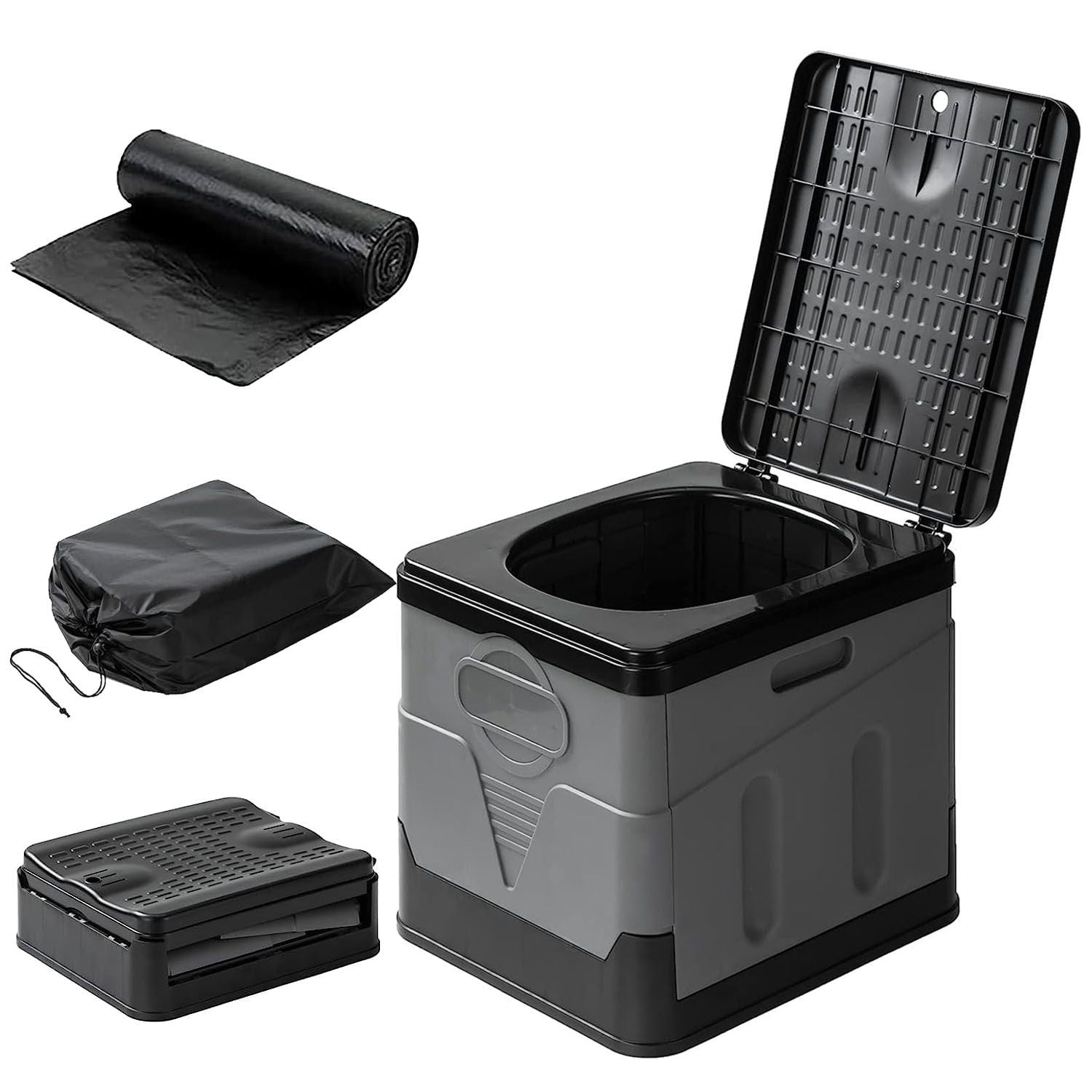 Portable Toilet with Carry Bag, Foldable Toilet with Lid Trash Bags for Car Indoor Outdoor Commode Travel, Camping, Tent, Hiking, Boating