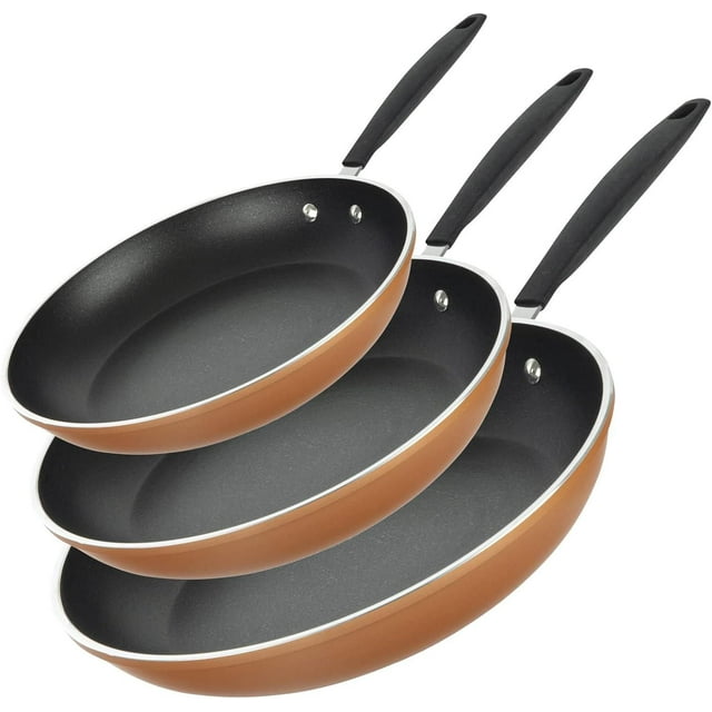 Gotham Steel Diamond 3-piece set of copper cast frying pans with nonstick coating and black handles.