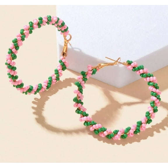 Pierced 2 1/4" gold, pink and green seed bead hoop earrings