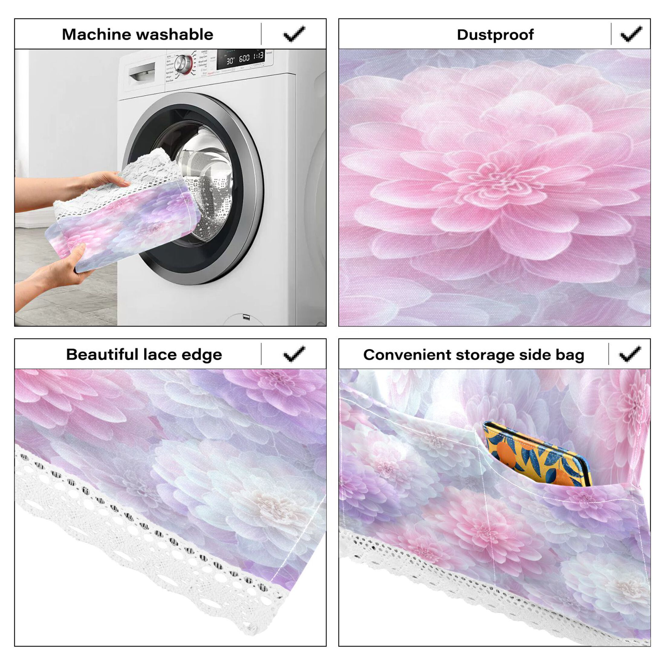 Dustproof Washing Machine Cloth Washer and Dryer Top Covers, Fridge Dust Cover, With Storage Bags Cute Pastel Watercolor Floral