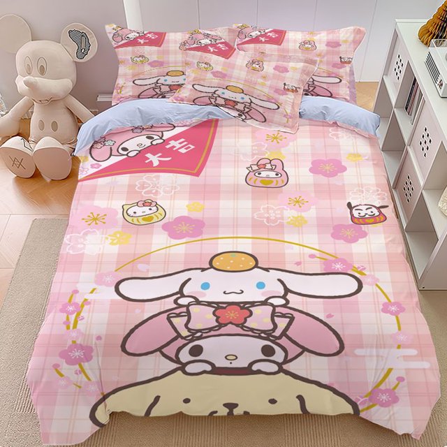 Sanrio-Juego de cuatro piezas de rollo de canela con dibujos animados, Sábana bonita Kuromi Melody, pochacco con personalidad para niños, juego de tres piezas para el hogar