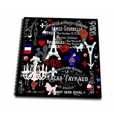 3dRose Girly Paris pattern - stylish black - romantic French - Classy France - trendy hip fashionable cute - Drawing Book, 8 by 8-inch