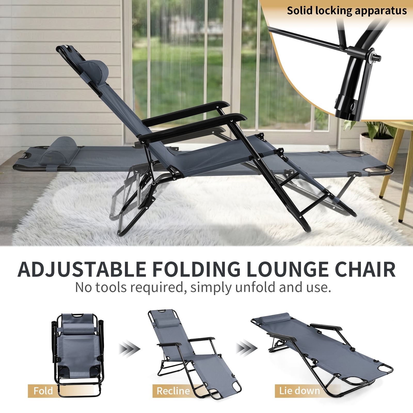 UBesGoo 2-Position Adjustable Backrest Chaise Chair, Lightweight Tanning Chair with Pillow, Sun Recliner for Indoor Outdoor - Black