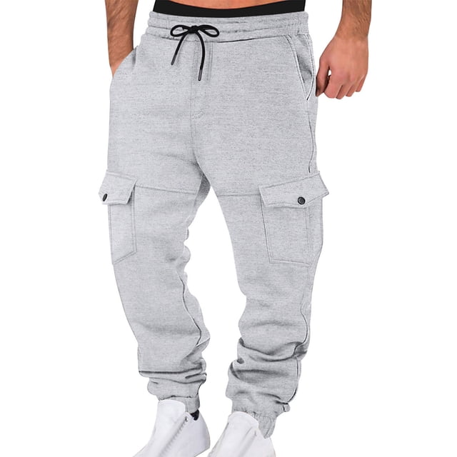 Mens Work Pants Men's Casual Fashion Solid Color Drawstring Elastic Waist Pocket Drawstring Pants Gray L