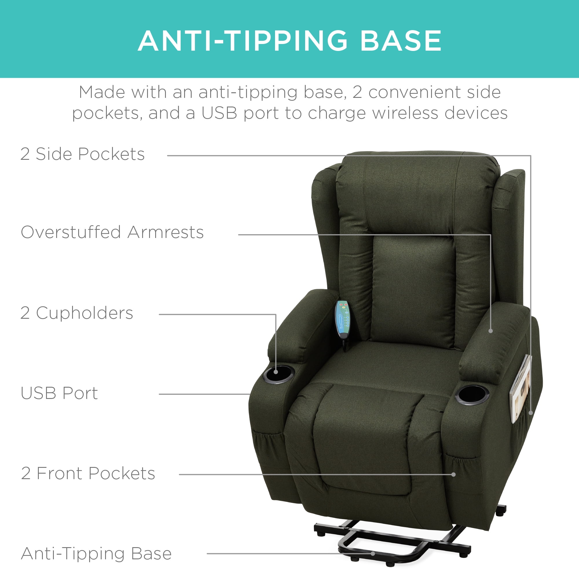Best Choice Products Electric Power Lift Linen Recliner Massage Chair Furniture w/ USB Port, Heat, Cupholders - Olive