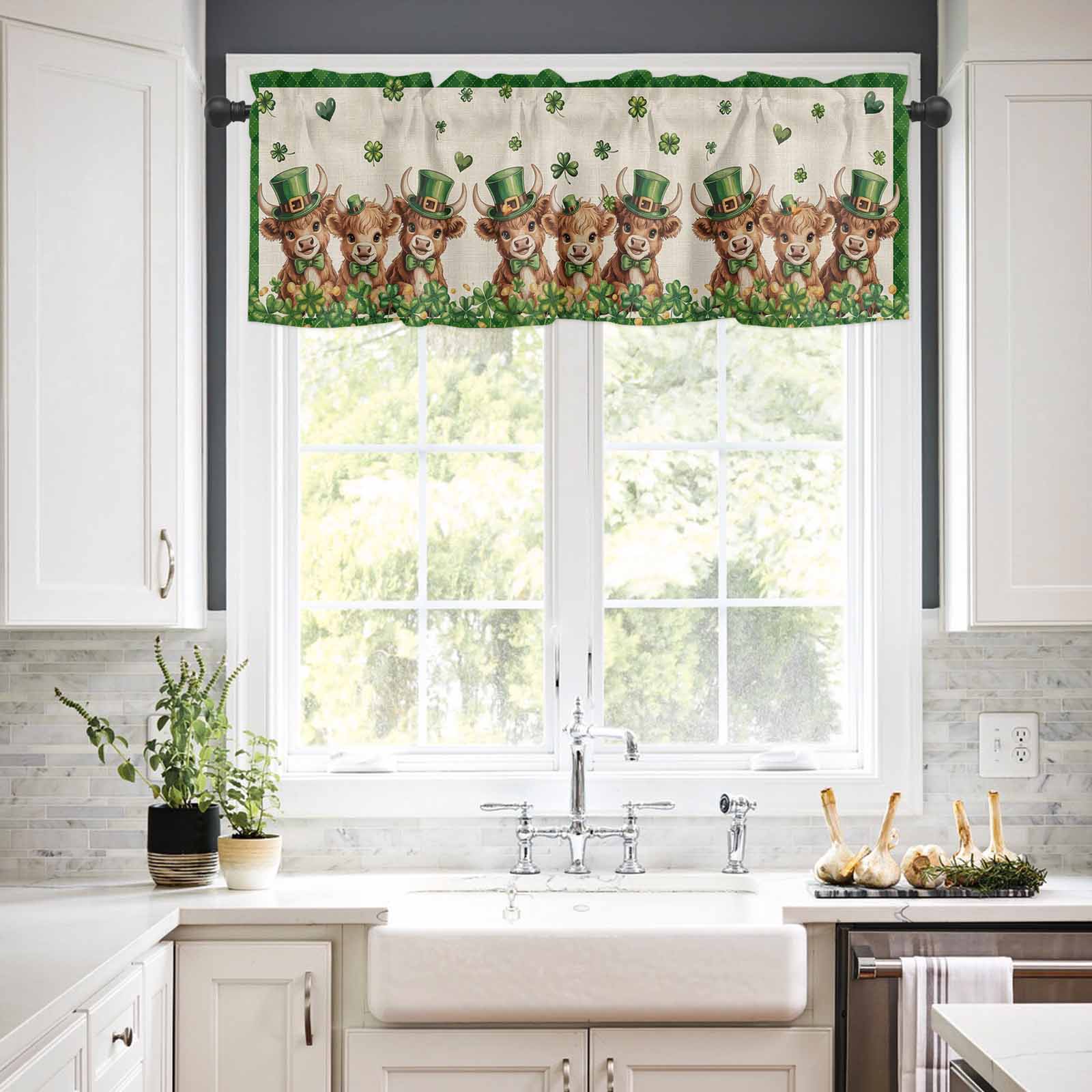 St. Patrick's Day Kitchen Curtains Valances and Tiers Set of 3 Watercolor Green Hat Cow Shamrock Love Linen Texture Tier Curtains and Valance Rod Pocket Valance Curtains Set s 36 Inch Length