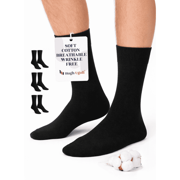 HUGH UGOLI Mens Cotton Dress Socks | Plain Colors, Regular Fit, Crew, Casual Socks | 3 Pack, Black, Shoe Size: 6-8