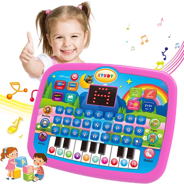 Kids’ Education Tablet Toy, Age 3+ Literacy Math Music Learning, Doubles as Electronic Keyboard, Birthday Christmas Gift (Pink)