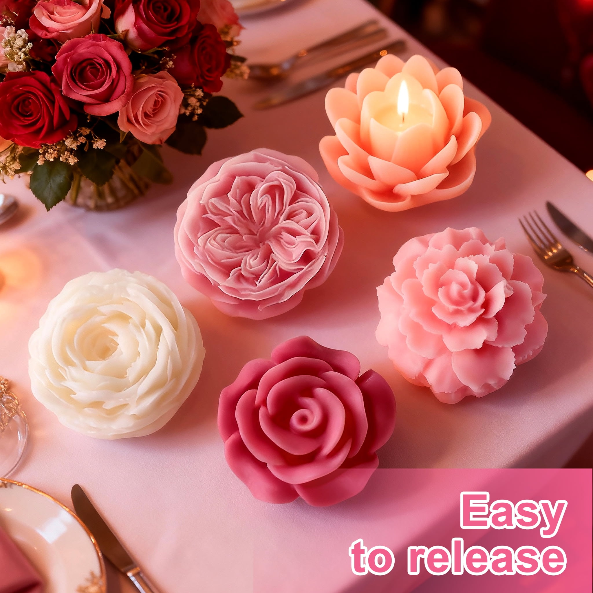JDH Silicone Flower Candle Molds Set, Assorted Floral Shapes for DIY Aromatherapy Candle & Home Decoration