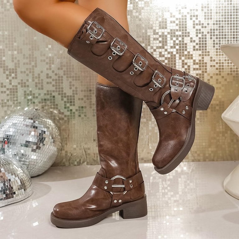 Womens Mid Calf Moto Boots Multi Metal Buckle Side Zipper Square