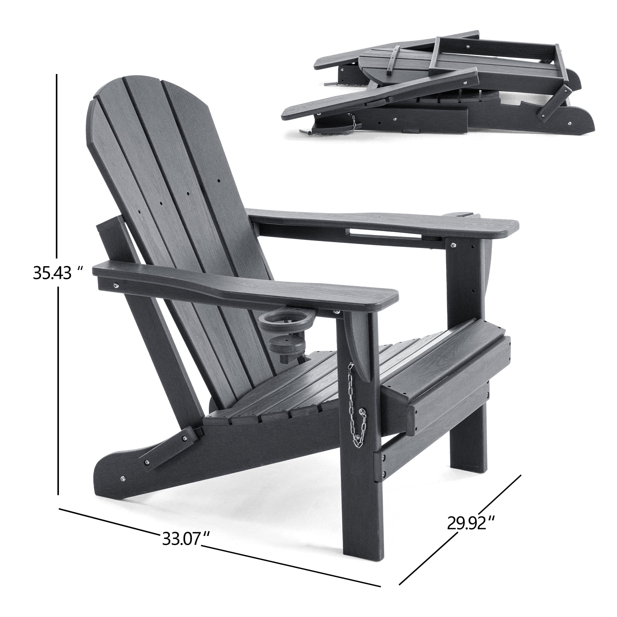 ENYLAY Folding Adirondack Chair with Dual Cup Holders & Phone Holder, All-Weather HDPE Fire Pit Chairs for Outdoor, Patio, Poolside, Garden(Grey)