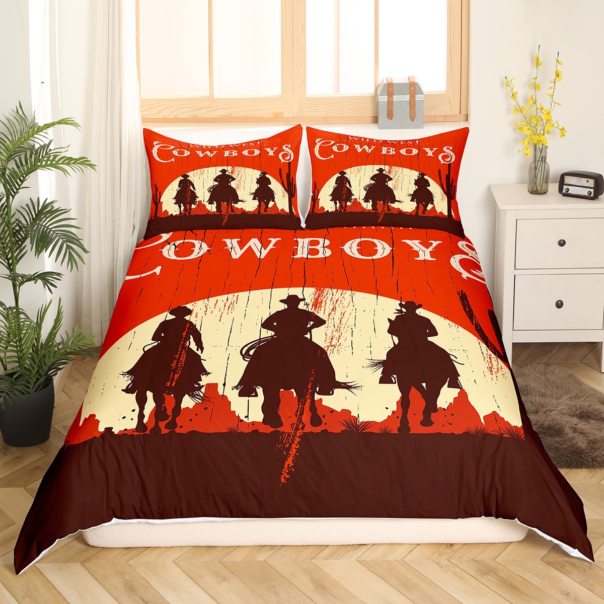 Western Cowgirl 3-Piece Quilt Bedspread Set - Texas Praying Cowboy Horse Star Pattern, Beige/Turquoise/Red