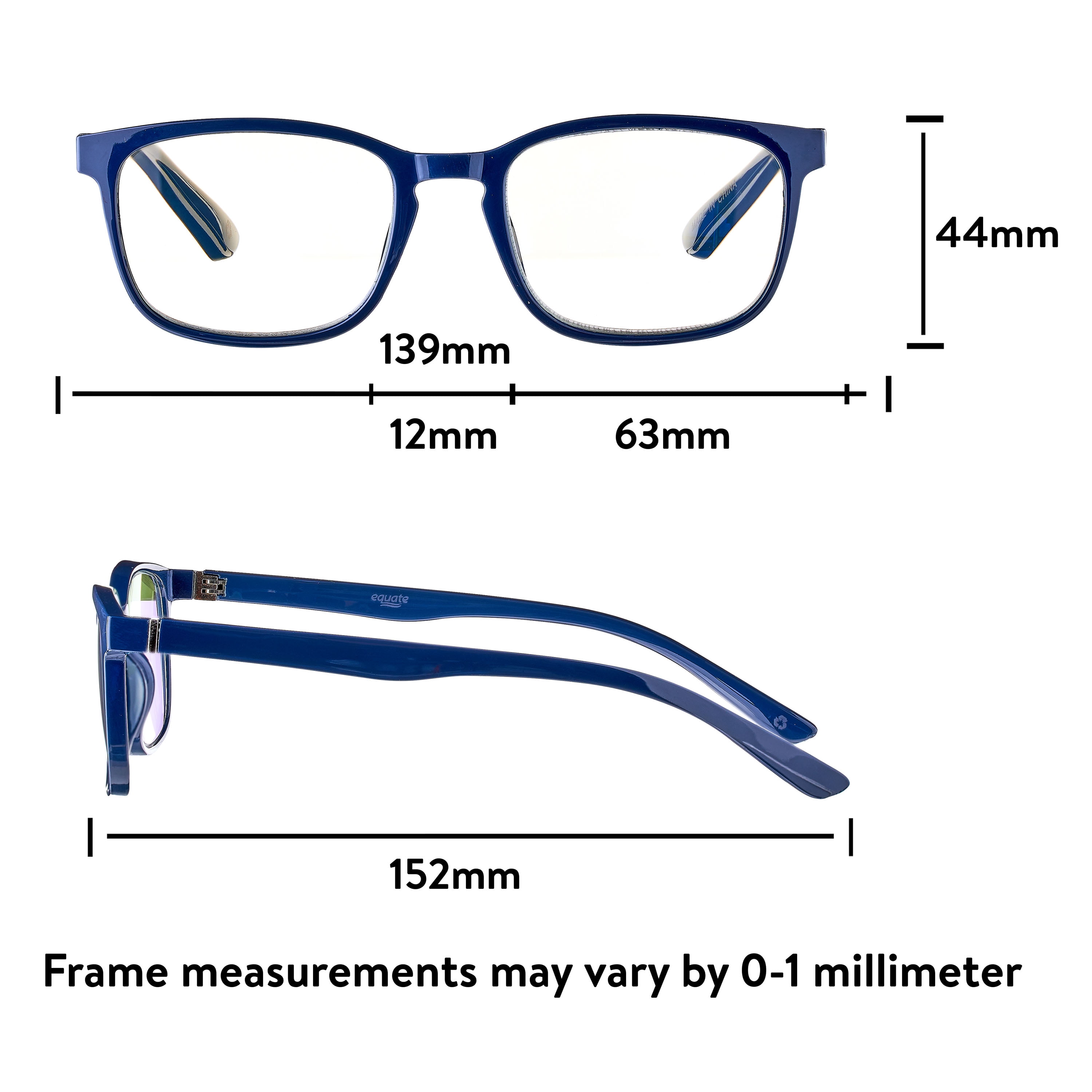 Equate Unisex Pike Bluelight Rectangular Reading Glasses with Case, Dark Grey Blue, +2.00