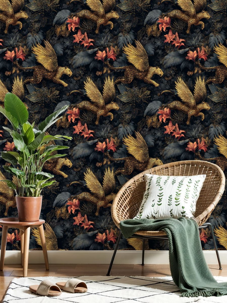 Peel and Stick Wallpaper Golden Winged Leopards Jungle Floral Tropical Leaves Wall Mural 17.7in x 9.8ft Self Adhesive Removable Wall Paper Renter Friendly Wallpaper for Nursery Bedroom Cabinets