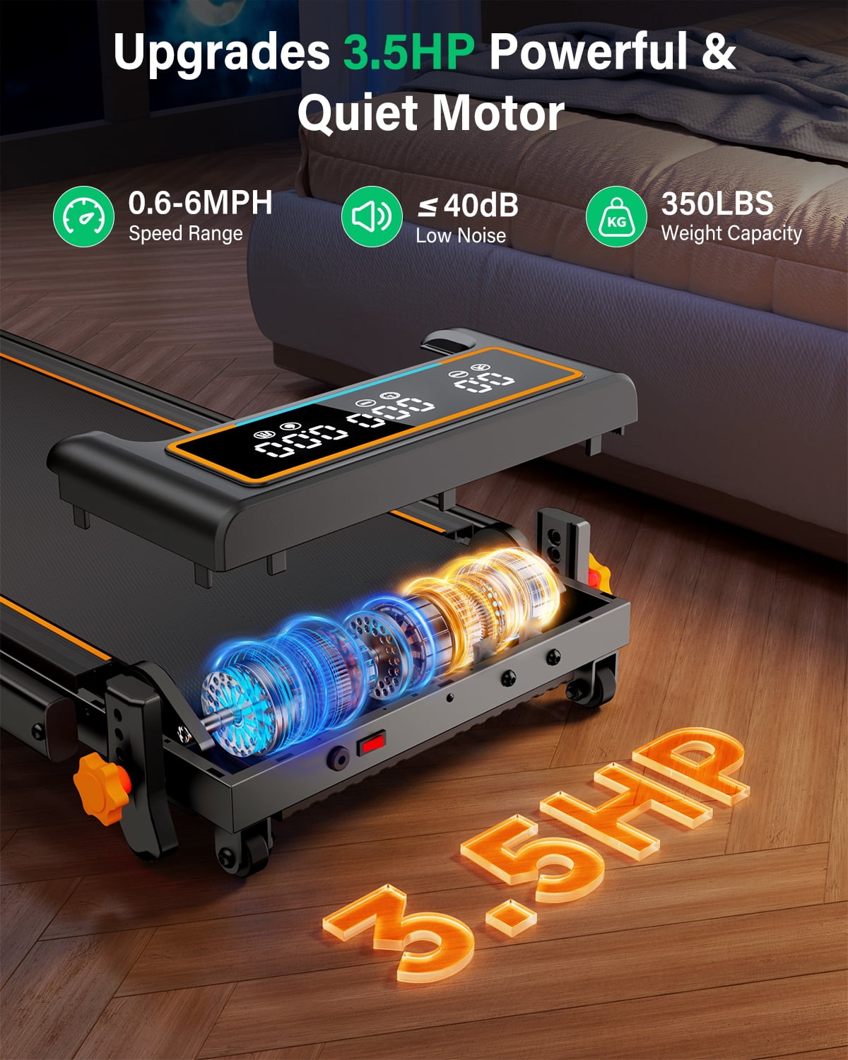 Walking Pad with 15% Incline//Handle Bar/Dual Display, 3.5HP Portable Treadmills for Home Small, Foldable Walking Pad Treadmill with Incline 4 Level, Incline Walking Pad -RGB Light, 350lb Capacity