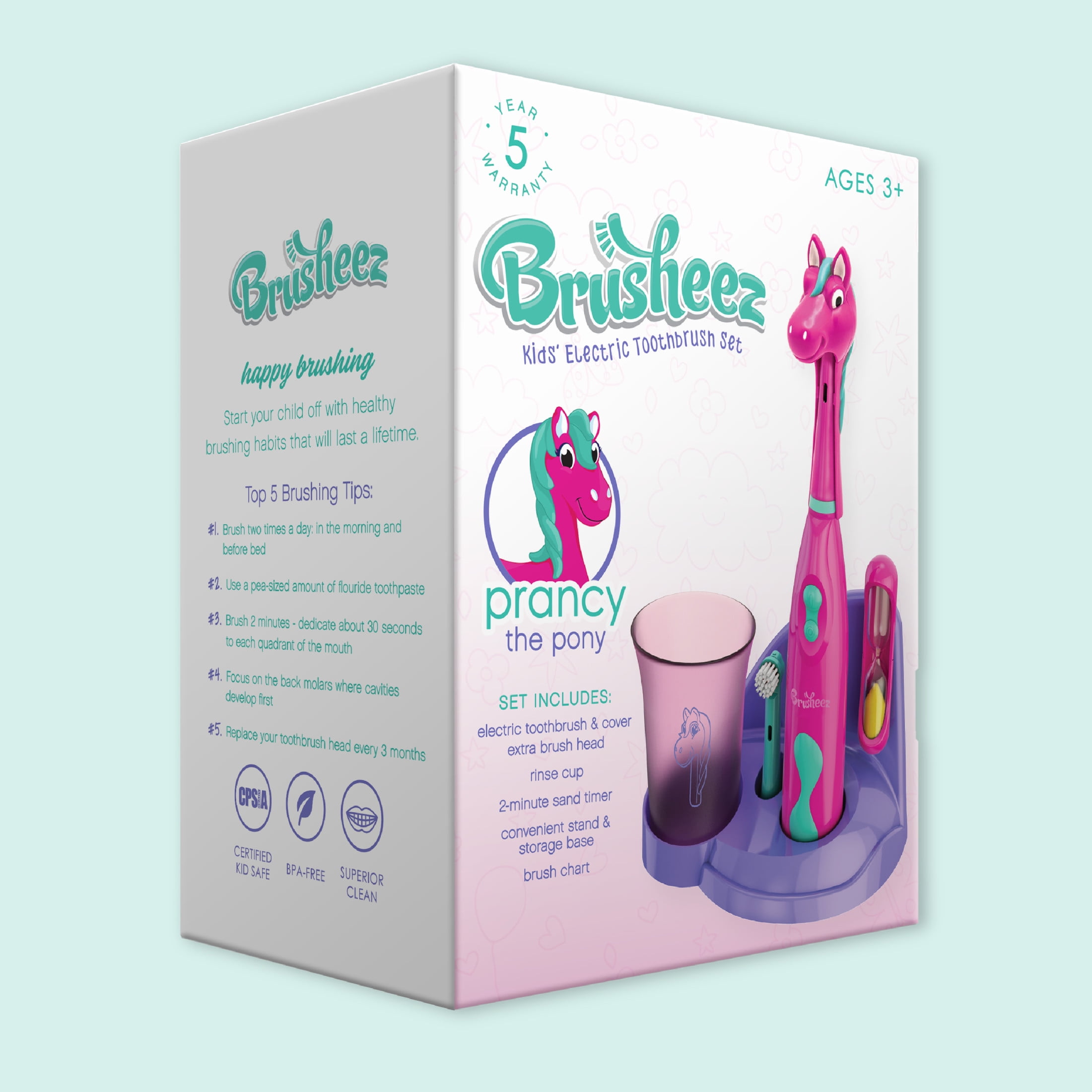 Brusheez Kids’ Electric Toothbrush Set - Safe & Effective for Ages 3+ - Parent Tested & Approved with Gentle Bristles, 2 Brush Heads, Rinse Cup, 2-Minute Timer, & Storage Base (Prancy the Pony)