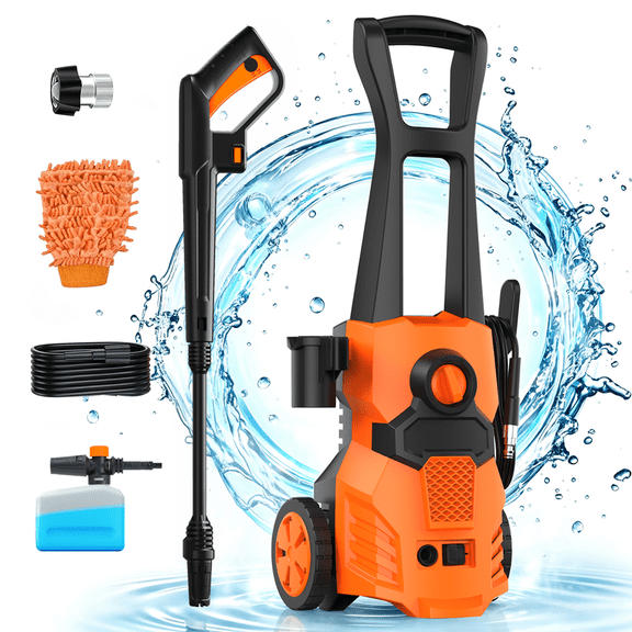 Electric Pressure Washer, 4200PSI 2.6GPM Portable Power Washer with 3 Length Adjustable Spray Gun, 0-60° Multi-Angle Nozzle, Foam Tank, Rolling Wheels, for Car Driveway Patio Fence Home Cleaning