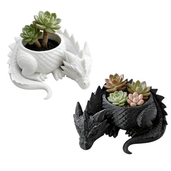 2Pcs Sleeping Dragon Sculpted Planter Pot, 4in Matte Black & White Scale‑Carved Mythical Beast Flower Pot for Desk Shelf Gift