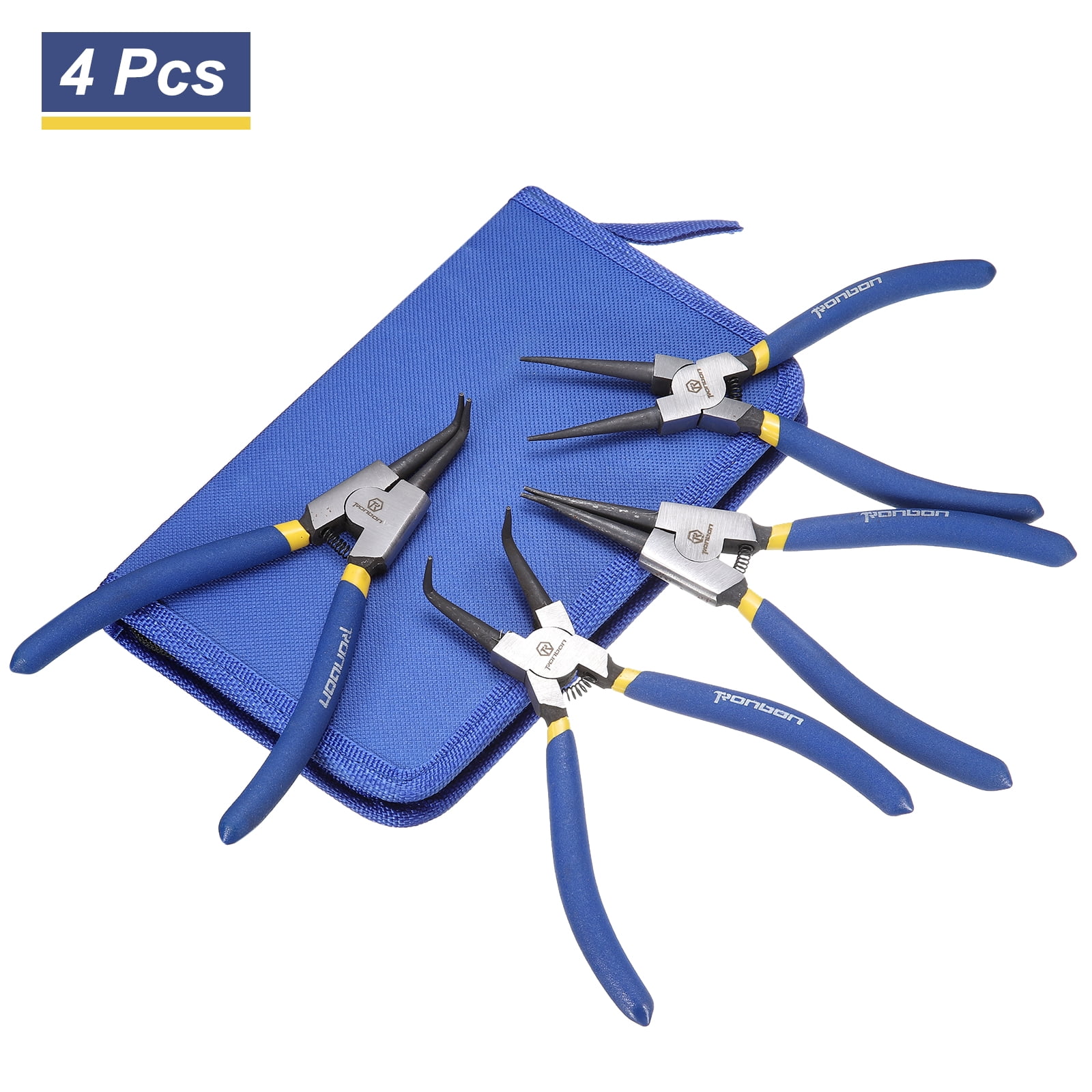 4pcs Snap Ring Plier Set 7" Internal & External Circlip Pliers with 0.09" Straight/Bent Jaw Tip with Storage Bag for Ring Remove Retaining Pliers, Blue