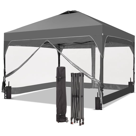 Outdoor Basic 12x12FT Pop Up Canopy Tent with One Push Setup, Easy Setup Gazebo with 4 PVC Transparent Sidewalls,Includes Wheeled Bag. for Events, Parties, Camping, Gray