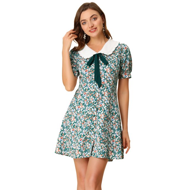 Vestido Camisero De Manga Corta Entallado Y Acampanado Con Cuello En Contraste Y Volantes Con Pajarita Y Cuello En Contraste Para Mujer Verde blanco XL