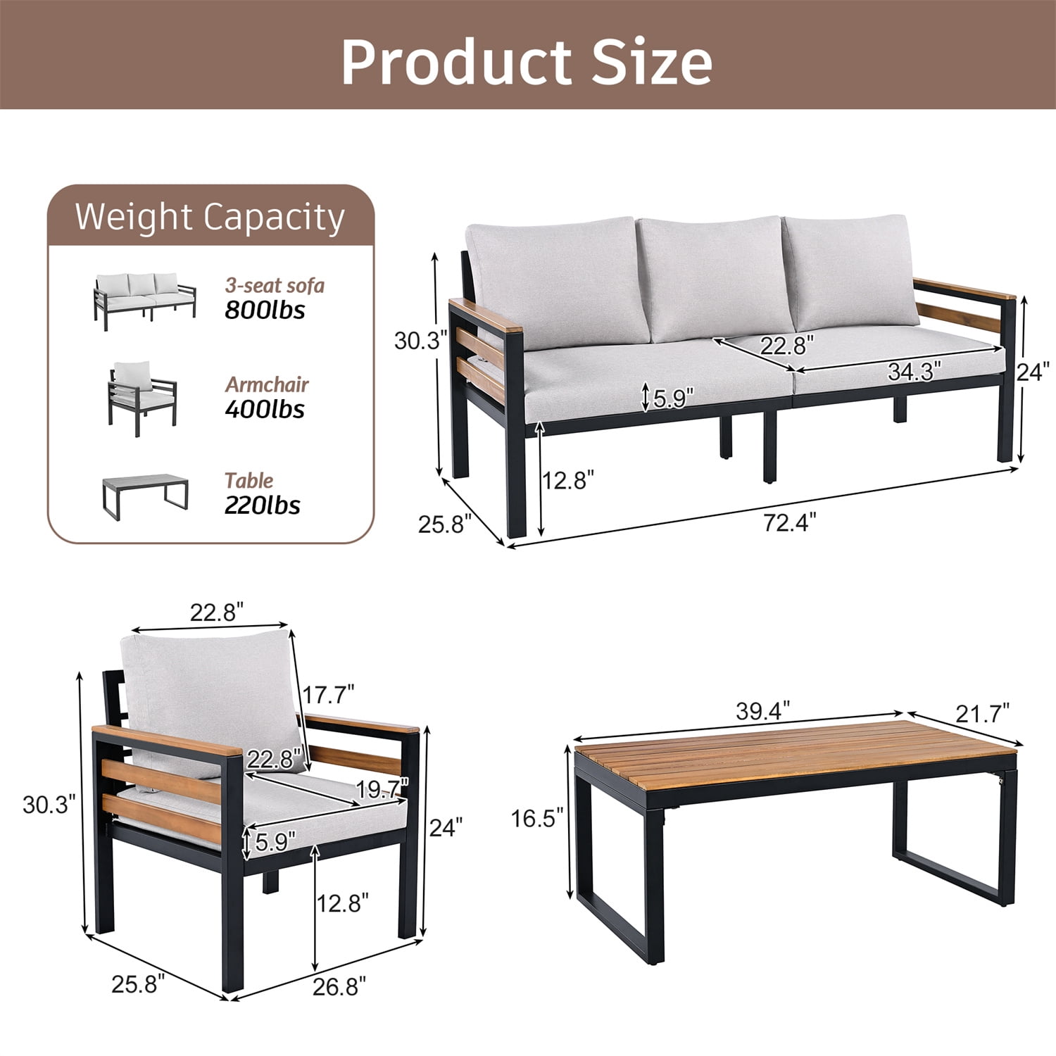 YIORTWO Patio Furniture Set, 4 Piece Outdoor Patio Furniture with Coffee Table Set, Metal Patio Conversation Sets with Washable and High-Resiliency Sponge Cushions, Beige