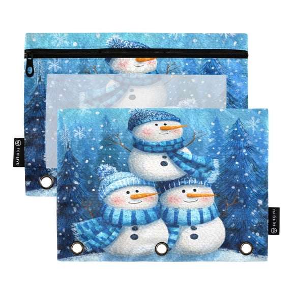 2 Pack 3 Ring Binder Pouch with Clear PVC Window Water Resistant Zipper Pencil Pouch Three Lovely Snowmen Pattern Binder Pocket for Classroom Office Home Stationery Organization