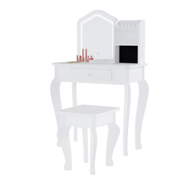 Juego de Tocador de Maquillaje para Niñas con Espejo y Taburete - Juguete de Madera con Cajón y Organizador, para Niñas de 3 a 9 Años, Incluye Accesorios de Maquillaje de Juguete, blanco