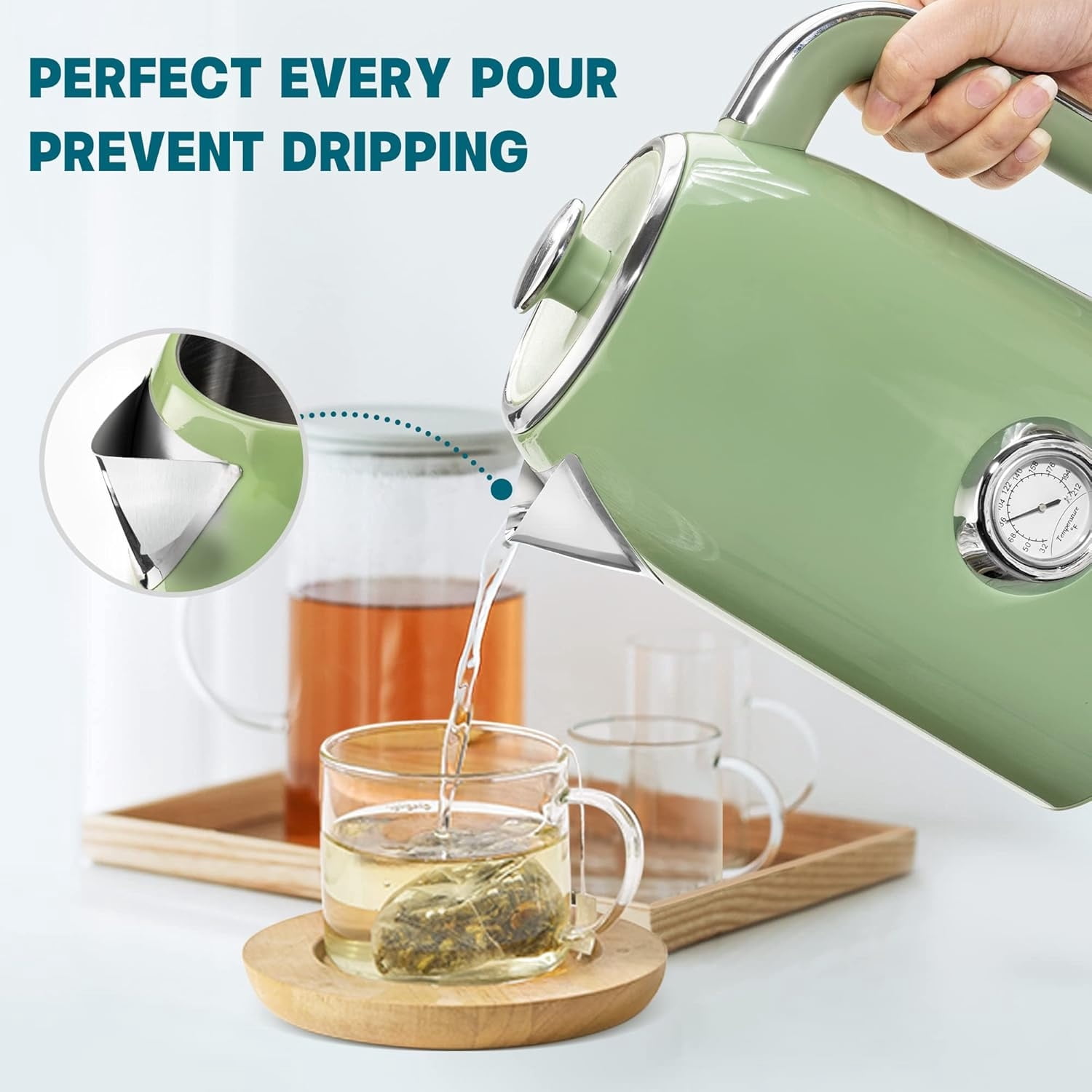 Electric Kettle - 57oz Hot Tea Water Boiler with Thermometer, 1500W Fast Heating Stainless Steel Pot, Cordless LED Indicator, Auto Shut-Off & Boil Dry Protection
