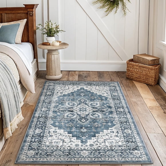 AMADA HOMEFURNISHING 3x5 Washable Area Rug, Low-Profile Entryway Rug with Non-Slip Backing & Durable Edge Binding, Vintage Rugs f