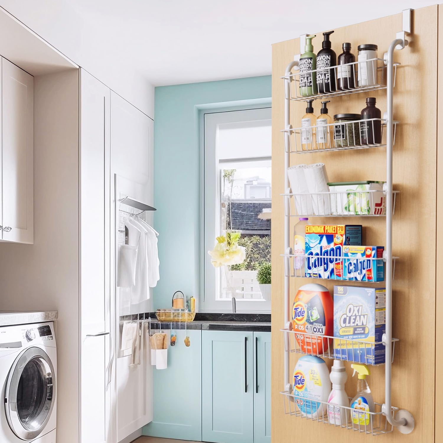 6-Tier Over the Door Pantry Organizer, Heavy-Duty Metal Pantry Door Organizer with 6 Baskets, Hanging Storage Door Organization Kitchen Door Rack, White