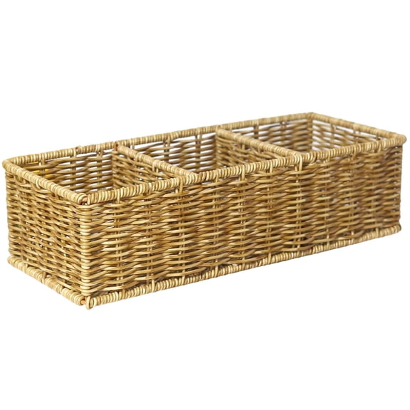Three-Grid Storage Basket for Bathroom Organization, Rectangular Woven Look Baskets for Toilet Tank Top, PP Material, Space Saving Desk Organizer, Versatile Countertop Solution