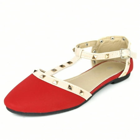 Women Studded Decor Round Toe Mary Jane Flats Fashionable Flat Shoes Rivets Ankle Strap Flat Sandals