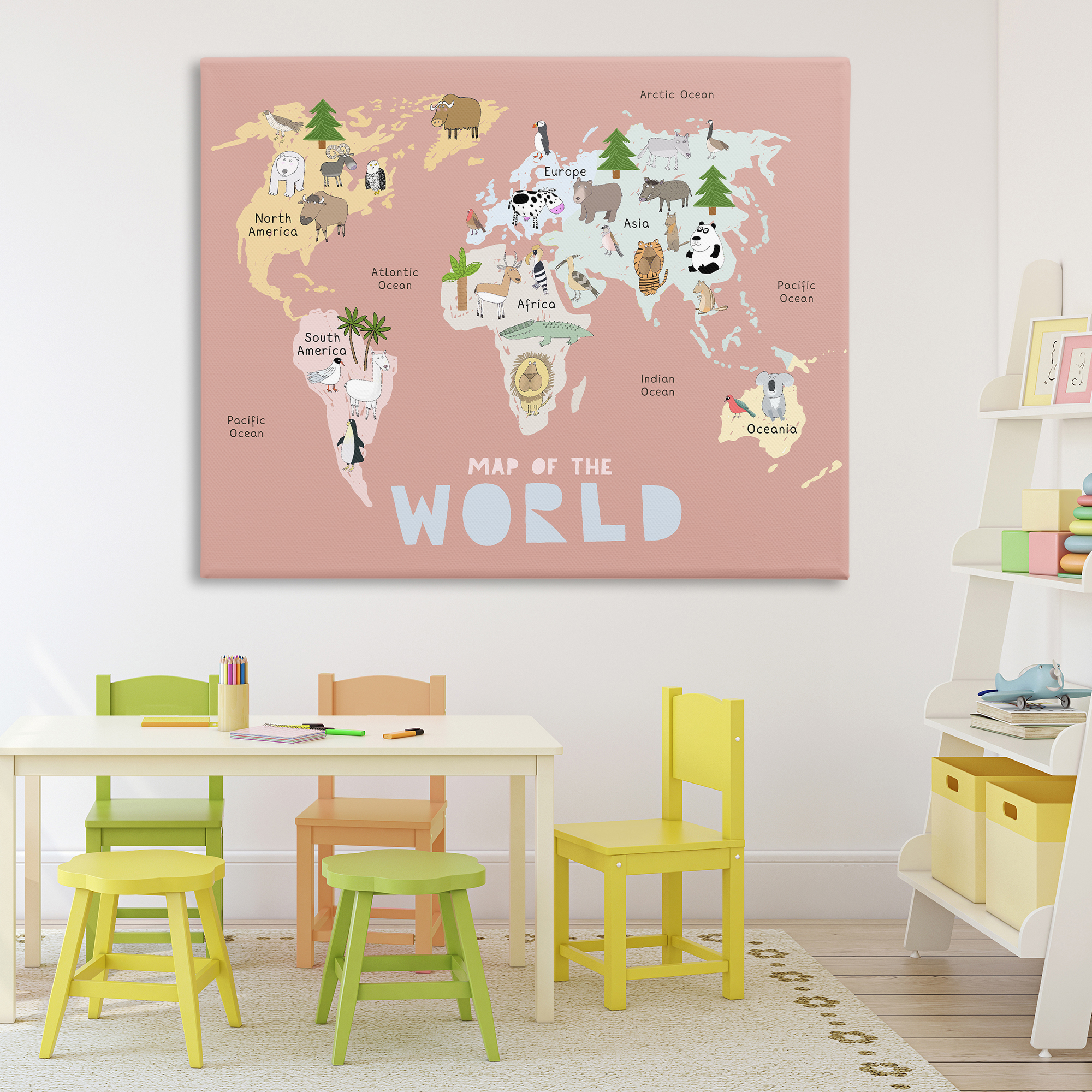 Kid's Map Of World Pink Canvas Wall Art, design by Carla Daly