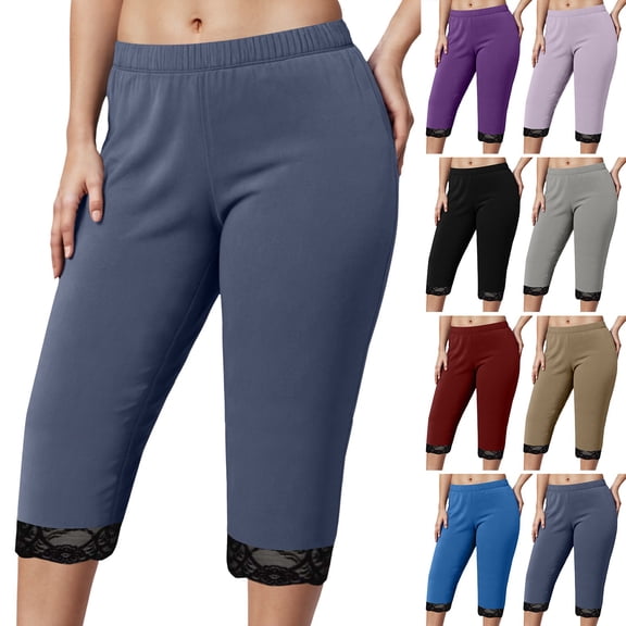 COMVALUE Women's Lace Trim Capri Leggings Stretch Crop Leggings Plus Size Summer Tights Pants (Red, 4XL)