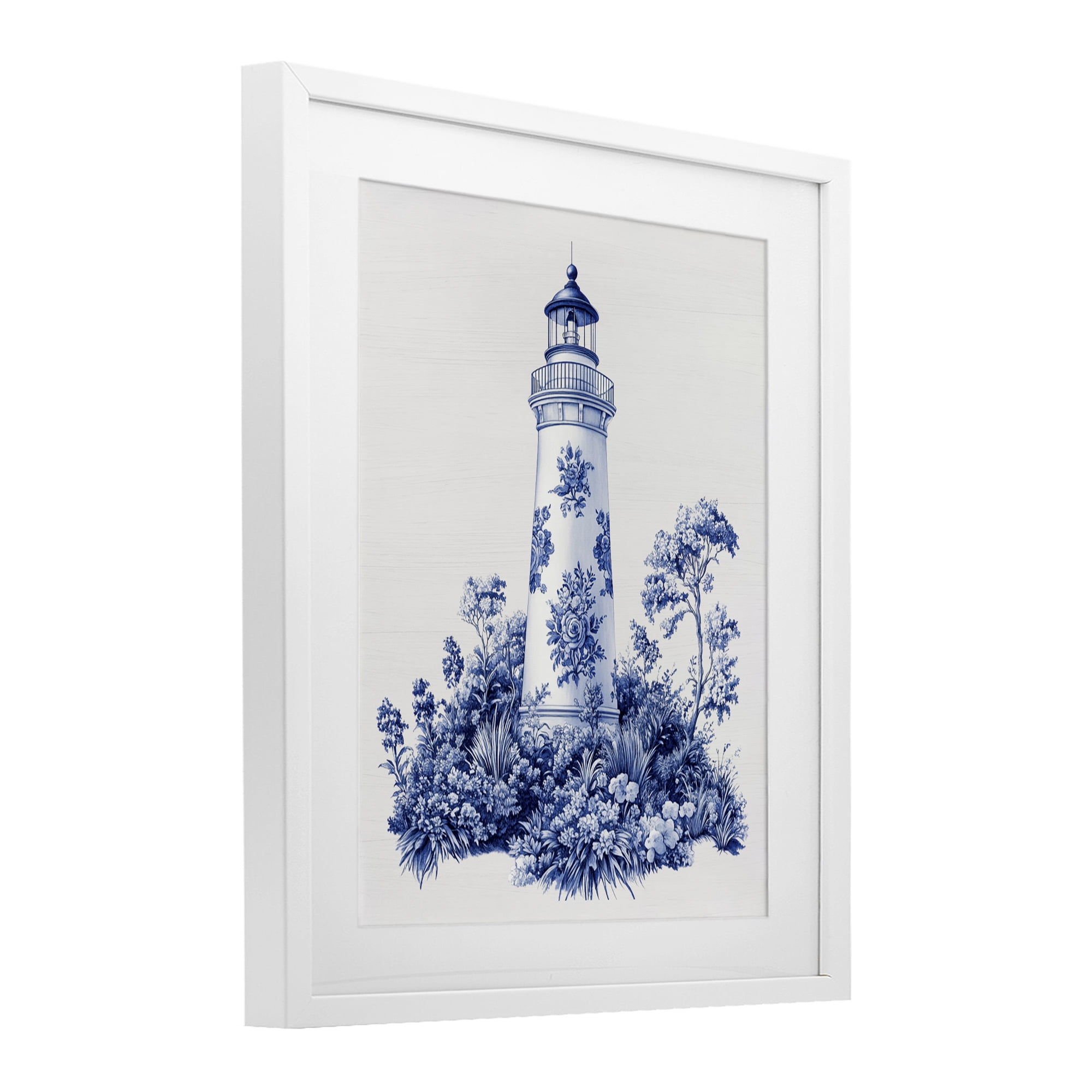 Toile Patterned Lighthouse White Framed Print Under Glass, design by Lettered and Lined