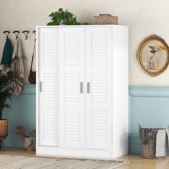 Modern Wood Wardrobe Closet with Doors Shelevs and Hanging Rail, Freestanding Armoires Storage Cabinet Organizer for Bedroom Gym School